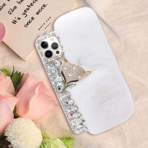 Losin Plush Case Compatible with Apple iPhone 13 Pro Max 6.7 Inch Case Cute Fuzzy Furry Winter Rabbit Hair Warm Plush Fluffy Fur Diamond Gemstone 3D Fox Head Soft TPU case Pink in Kuwait