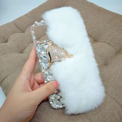 Losin Plush Case Compatible with Apple iPhone 13 Pro Max 6.7 Inch Case Cute Fuzzy Furry Winter Rabbit Hair Warm Plush Fluffy Fur Diamond Gemstone 3D Fox Head Soft TPU case Pink in Kuwait