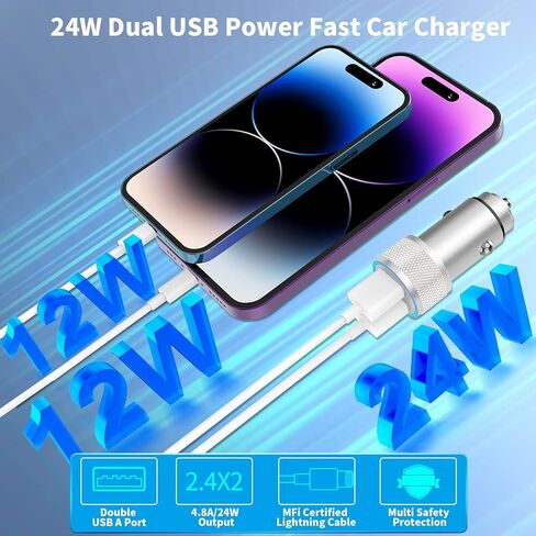 iPhone Car Charger Fast Charging, [Apple MFi Certified] 4.8A Dual USB All Metal Rapid Power Car Charger with 2 Pack Lightning Cord Quick Car Charging for iPhone 14 13 12 11 Pro/XS/XR/X/SE/iPad in Saudi Arabia