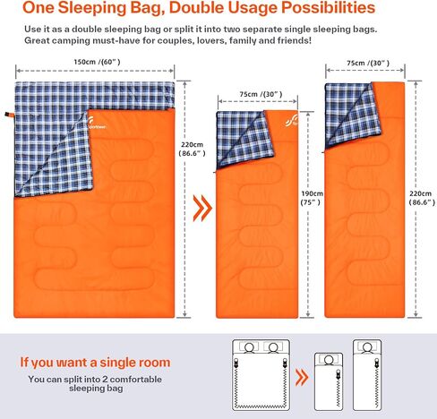 Sportneer Double Sleeping Bag - 2 Person Queen Size Sleeping Bag with 2 Pillows for Adults Kids in 3 Season Warm Cold Weather, Waterproof Lightweight for Outdoor, Camping, Backpacking, Hiking in Kuwait