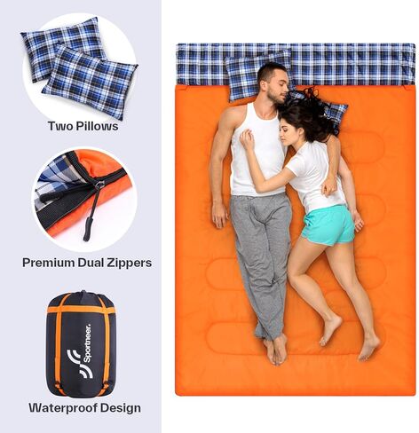 Sportneer Double Sleeping Bag - 2 Person Queen Size Sleeping Bag with 2 Pillows for Adults Kids in 3 Season Warm Cold Weather, Waterproof Lightweight for Outdoor, Camping, Backpacking, Hiking in Kuwait