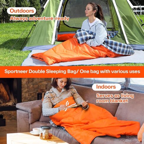 Sportneer Double Sleeping Bag - 2 Person Queen Size Sleeping Bag with 2 Pillows for Adults Kids in 3 Season Warm Cold Weather, Waterproof Lightweight for Outdoor, Camping, Backpacking, Hiking in Kuwait