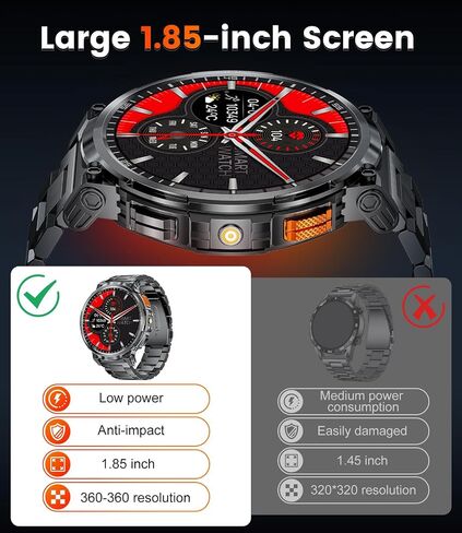 FOXBOX 1.85" IPS Ultra Screen Smartwatch with LED Flashlight for Android iOS, 55mm Military Smart Watches for Men, IP68 Waterproof, Make/Answer Call, 24H Heart Rate, 730mAh, 100+ Sports in Saudi Arabia