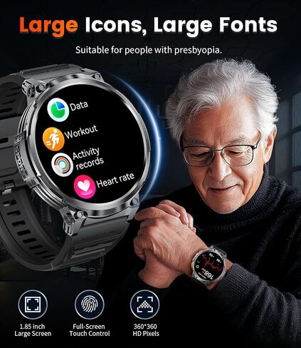 FOXBOX 1.85" IPS Ultra Screen Smartwatch with LED Flashlight for Android iOS, 55mm Military Smart Watches for Men, IP68 Waterproof, Make/Answer Call, 24H Heart Rate, 730mAh, 100+ Sports in Saudi Arabia