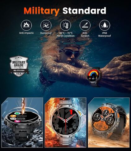 FOXBOX 1.85" IPS Ultra Screen Smartwatch with LED Flashlight for Android iOS, 55mm Military Smart Watches for Men, IP68 Waterproof, Make/Answer Call, 24H Heart Rate, 730mAh, 100+ Sports in Saudi Arabia