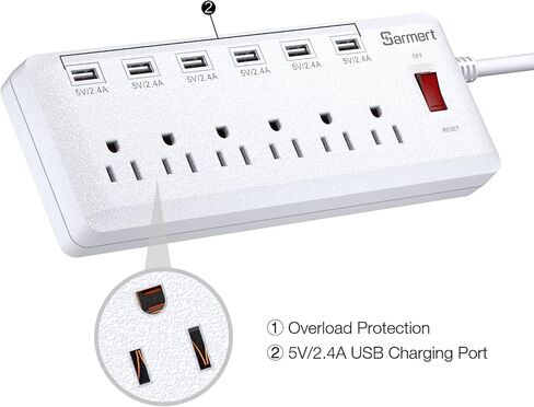 شريط طاقة USB، واقي من التيار الزائد مع 6 منافذ و6 منافذ شحن USB، سلك تمديد عالي التحمل بطول 6 أقدام، موسع منفذ USB للمنزل والمكتب 1625 وات/13 أمبير in Kuwait