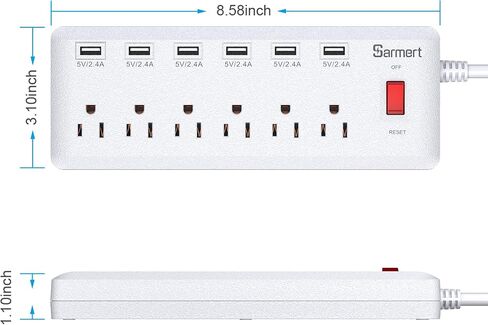 شريط طاقة USB، واقي من التيار الزائد مع 6 منافذ و6 منافذ شحن USB، سلك تمديد عالي التحمل بطول 6 أقدام، موسع منفذ USB للمنزل والمكتب 1625 وات/13 أمبير in Kuwait