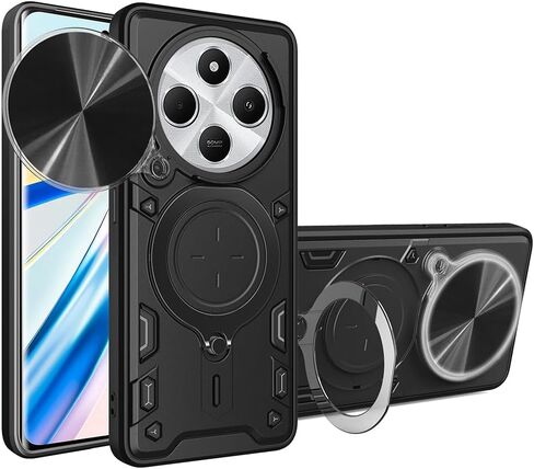 Case for Xiaomi Redmi 14C 4G with Sliding Camera Window, Kickstand, TC+TPC Material,Shock-Proof Anti-Scratch Dual-Layer Phone Cover, Black in Saudi Arabia