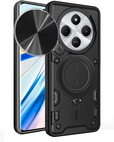 Case for Xiaomi Redmi 14C 4G with Sliding Camera Window, Kickstand, TC+TPC Material,Shock-Proof Anti-Scratch Dual-Layer Phone Cover, Black in Saudi Arabia