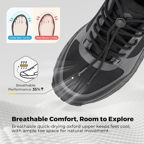 FitVille Extra Wide Mens Hiking Shoes, Quick Laces Hiking Walking Shoes, Slip On Trail Running Sneakers with Arch Support & Wide Toe Box for Camping,Nature Walks in Saudi Arabia
