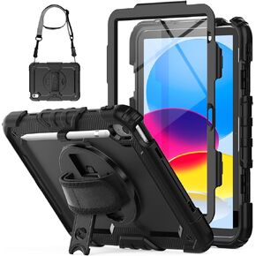 HXCASEAC Case for iPad 10th Generation 10.9 inch with Pencil Holder, Screen Protector, Rotating Hand Strap Stand, Heavy Duty Protective for iPad 10 Case A2696 / A2757 / A2777, Black