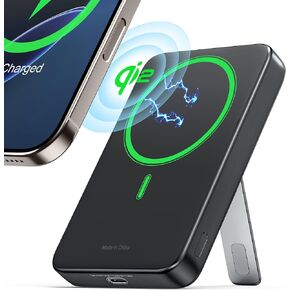 RORRY for Magsafe Battery Pack, Qi2 Certificated 10,000mAh Fast Charging Magnetic Power Bank, 20W USB C Portable Wireless Charger for iPhone with Foldable Stand, Compatible with iPhone 16/15/14,Black