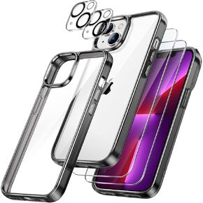 JETech 5 in 1 Case for iPhone 13 6.1-Inch, with 2-Pack Screen Protector and Camera Lens Protector, Non-Yellowing Shockproof Bumper Phone Cover, Full Coverage Tempered Glass Film (Clear)