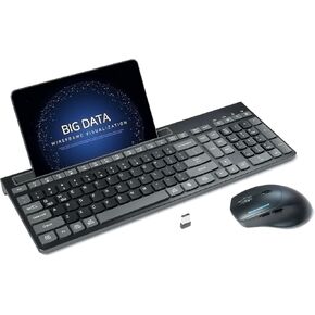 Wireless Keyboard and Mouse Combo, 2.4Ghz Silent Wireless Computer Keyboard with Phone Tablet Holder, 3 DPI Adjustable Ergonomic Mouse, Compatible with Mac Windows (Black & Gray-A)