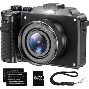Camera for Photography, 4K Digital Camera Anti-Shake 56MP Compact Video Camera with 18X Digital Zoom, Travel Autofocus WiFi Vlogging Camera Point and Shoot Camera with 64GB TF Card, 2 Batteries