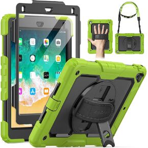 SEYMAC Case for iPad 6th/5th Generation Case 9.7 Inch, Full-Body Shockproof Heavy Duty Protective Case with Screen Protector, Rotating Stand/Hand/Shoulder Strap for iPad Air 2/ Pro 9.7, Black