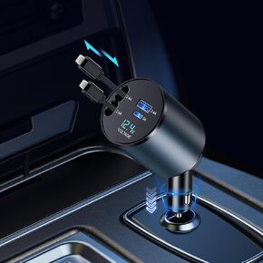 Retractable Car Charger, 4 in 1 Fast Car Phone Charger 60W, USB C Car Charger (TypeC+Lightning Retractable Cords)