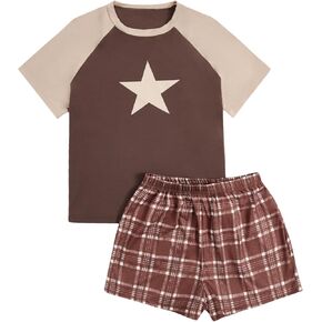 Verdusa Women's Two Piece Star Print Raglan Sleeve Tee and Plaid Shorts PJ Sets