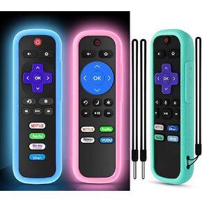 3 Pack Remote Cover for Roku, The Remote Case Compatible with Roku Voice Remote Official, Silicone Universal Protective Controller Sleeve for Roku TV Remote Glow in The Dark Pink Blue with Lanyards