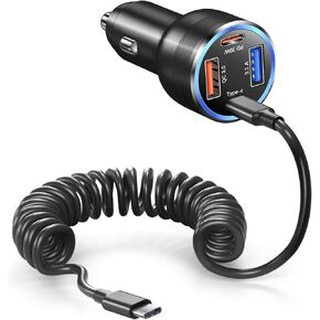 USB C Car Charger for iPhone 16 Pro, Bangfun 65W 4-Port PD&QC3.0 Car Power Charger with 5ft Type C Coiled Cable Fast Charging Cigarette Lighter Adapter for iPhone 15 16 Pro Max Plus iPad Pro(Black)