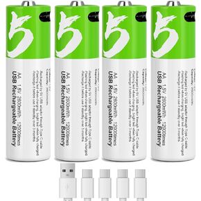 Lithium Rechargeable C Batteries 4 Pack,5000mWh High Capacity 1.5V Li-ion C Batteries with 4 in 1 USB-C Charge Cable,Long Lasting Batteries C Size(4Pcs)