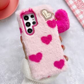 Losin Compatible with Galaxy S24 Ultra Plush Furry Case with Cute 3D Love Heart Fuzzy Ball Pendant Fashion Fuzzy Fluffy Case Luxury Bling Glitter Diamond Rhinestones for Women Girls Girly