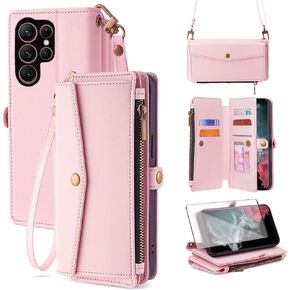 Asuwish Phone Case for Samsung Galaxy S22 Ultra 5G Zipper Wallet Cover with Screen Protector and Leather Card Holder Slot Kickstand Wrist Strap Cell Flip S22ultra 22S S 22 S22ultra5g Women Men Pink