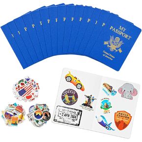 15 Pcs Fake Passport Book for Kids with 150 Non-Repeating Stickers (Including 3 Themes), Suitable for Party Favors, Scrapbooking, Arts and Crafts, School Supplies, Wall Stickers