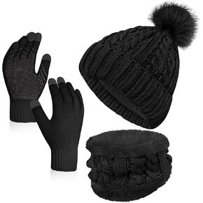 YSense Womens Winter Hat Scarf Glove Set Warm Fleece Lined Pom Beanie Hat Neck Warmer and Touchscreen Gloves