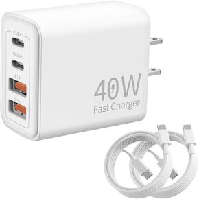 iPhone 15 16 Charger,40W USB C Charger,4-Port USB C Fast Wall Charger,USB C Charger Block (2-Pack 4 ft USB C Cable Included) for iPhone 15 16/15 16Pro/15 Pro Max/iPad Pro/AirPods & More