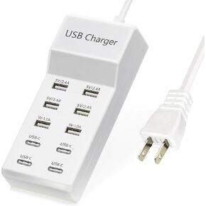 USB Charger,50W USB Charging Station with 10-Port (6 USB-A Port & 4 USB-C Port) Compatible with iPhone 15/14/13/12/11/X/8/7/6 Phones, Watch,Tablets, Smartphones Black