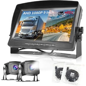 Dual Backup Camera Monitor Kit Video Recording 9 inch LCD Monitor 2-Cameras IP69 Waterproof Full Color Night Vision Car Reversing Rear View Camera with Cable for Truck/Trailer/RV/Pickup/Camper 12-35V