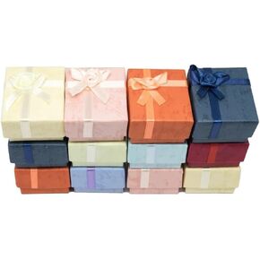 Novel Box® Cardboard Jewelry Earring Tree Gift Boxes with Rosebug Bows in Assorted Colors 2.3X2.3X0.75 (Pack of 12) + NB Cleaning Cloth