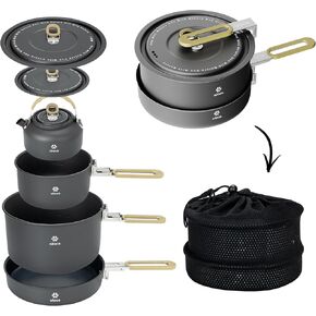 Alocs Camping Cooking Set Camping Gear, Portable Camping Cookware with Upgraded Handle, Camping Pots and Pans Set Outdoor Kitchen Must Have, Non-Stick Camping Pan for Picnic, Hiking and Fishing