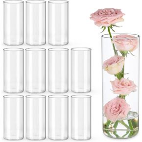 12pcs Glass Cylinder Vases for Centerpieces | 8 Inch Tall Clear Flower Vase for Wedding Decorations, Floating Candle Holders for Dinner Table, Bridal Shower, Christmas Home Décor
