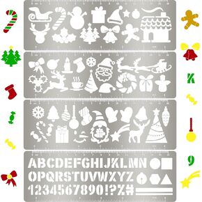 Chinco 4 Pieces Stencils Metal Journal Template 7.1 x 2.3 Inch Bookmark Ruler School Supplies Stainless Steel Stencils Set for DIY, Engraving, Painting, Scrapbooking(Geometry Style)