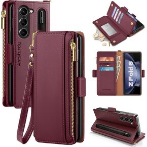 Antsturdy Compatible with Samsung Galaxy Z Fold 6 Case Wallet Women with【S Pen Holder】 Phone Case with Card Holder Strap PU Leather RFID Blocking Flip Protective Cover Credit Slots Men,Wine Red