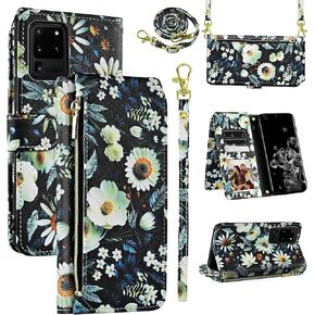 Wallet Case for Samsung Galaxy S20 Ultra 5G with Wrist Strap Shoulder Strap, 9+ Card Slots Zipper Floral PU Leather Stand Cell Phone Cover for S20ultra 20S S 20 A20 S2O 20ultra G5 Women Brown