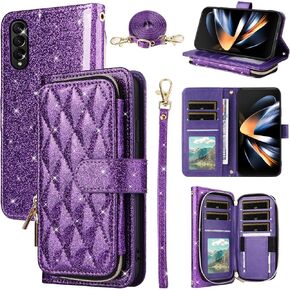 Wallet Case for Samsung Galaxy Z Fold 3 5G 2021 with Detachable Wrist Strap Crossbody Shoulder Strap,9 Card Slots Zipper Purse,Stand Phone Cover for ZFold3 Z3 Fold3 3Z ZFold35G Girls Purple