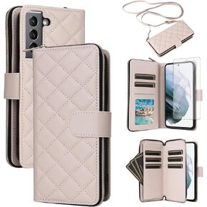 Asuwish Phone Case for Samsung Galaxy S21 5G 6.2 inch Wallet Cover with Tempered Glass Screen Protector Strap Card Holder Slot Stand PU Leather Flip Cell Pocket Zipper S 21 21S G5 Women Girls Black