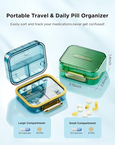 Travel Pill Organizer, Small Pill Box, Acedada Portable Daily Pill Case for Pocket Purse, Moistureproof 7 Compartments Pill Container, Stylish Medicine Holder Organizer for Vitamins Fish Oils, Black in Saudi Arabia