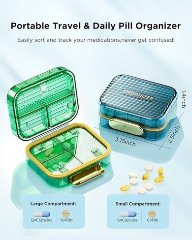 Travel Pill Organizer, Small Pill Box, Acedada Portable Daily Pill Case for Pocket Purse, Moistureproof 7 Compartments Pill Container, Stylish Medicine Holder Organizer for Vitamins Fish Oils, Black in Saudi Arabia