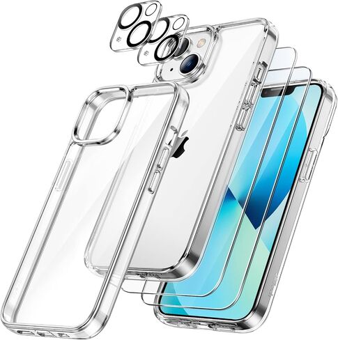 JETech 5 in 1 Case for iPhone 13 6.1-Inch, with 2-Pack Screen Protector and Camera Lens Protector, Non-Yellowing Shockproof Bumper Phone Cover, Full Coverage Tempered Glass Film (Clear) in Saudi Arabia