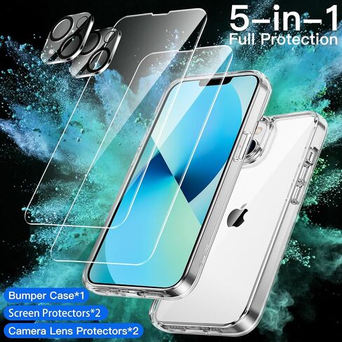 JETech 5 in 1 Case for iPhone 13 6.1-Inch, with 2-Pack Screen Protector and Camera Lens Protector, Non-Yellowing Shockproof Bumper Phone Cover, Full Coverage Tempered Glass Film (Clear) in Saudi Arabia