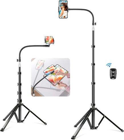 Elitehood 6.7 Feet Tall Phone Tripod, Heavy Duty Metal iPhone Tripod Stand with Remote, 17" Gooseneck Overhead Tripod for iPhone 15 14 13 Pro Max / 13 Pro / 13 12 11, Android Cell Phone Black in Kuwait