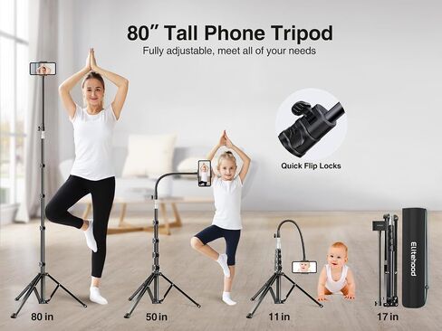 Elitehood 6.7 Feet Tall Phone Tripod, Heavy Duty Metal iPhone Tripod Stand with Remote, 17" Gooseneck Overhead Tripod for iPhone 15 14 13 Pro Max / 13 Pro / 13 12 11, Android Cell Phone Black in Kuwait