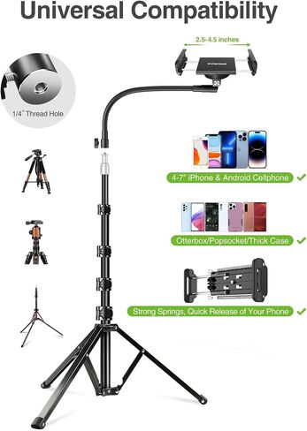 Elitehood 6.7 Feet Tall Phone Tripod, Heavy Duty Metal iPhone Tripod Stand with Remote, 17" Gooseneck Overhead Tripod for iPhone 15 14 13 Pro Max / 13 Pro / 13 12 11, Android Cell Phone Black in Kuwait