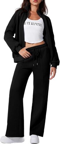 Aleumdr Two Piece Sets for Women Sweatsuit Tracksuits Zip Up Jackets Fleece Lined Wide Leg Sweatpants 2024 Fall Athletic Sweat Matching Sets Women Clothing Travel Lounge Sets Black S in Saudi Arabia