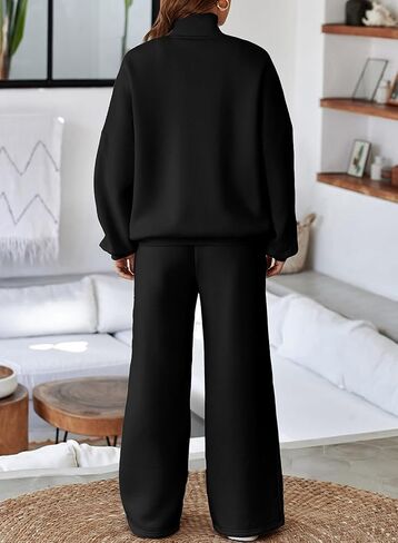 Aleumdr Two Piece Sets for Women Sweatsuit Tracksuits Zip Up Jackets Fleece Lined Wide Leg Sweatpants 2024 Fall Athletic Sweat Matching Sets Women Clothing Travel Lounge Sets Black S in Saudi Arabia