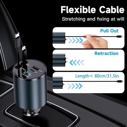 شاحن سيارة قابل للسحب، شاحن هاتف سيارة سريع 4 في 1 بقدرة 60 وات، شاحن سيارة USB C (حبال قابلة للسحب من النوع C+Lightning) in Saudi Arabia